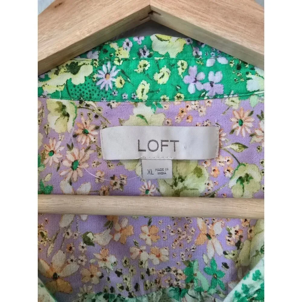 LOFT Floral Patchwork Blouse XL Boho Cottagecore Button Front Top Romantic